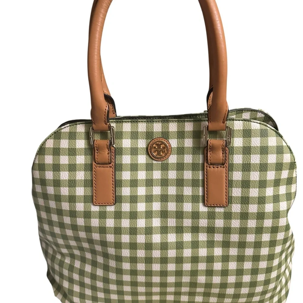 Tory Burch Kerrington Gingham Open Green Vinyl Tote w/ Leather Crossbody Strap